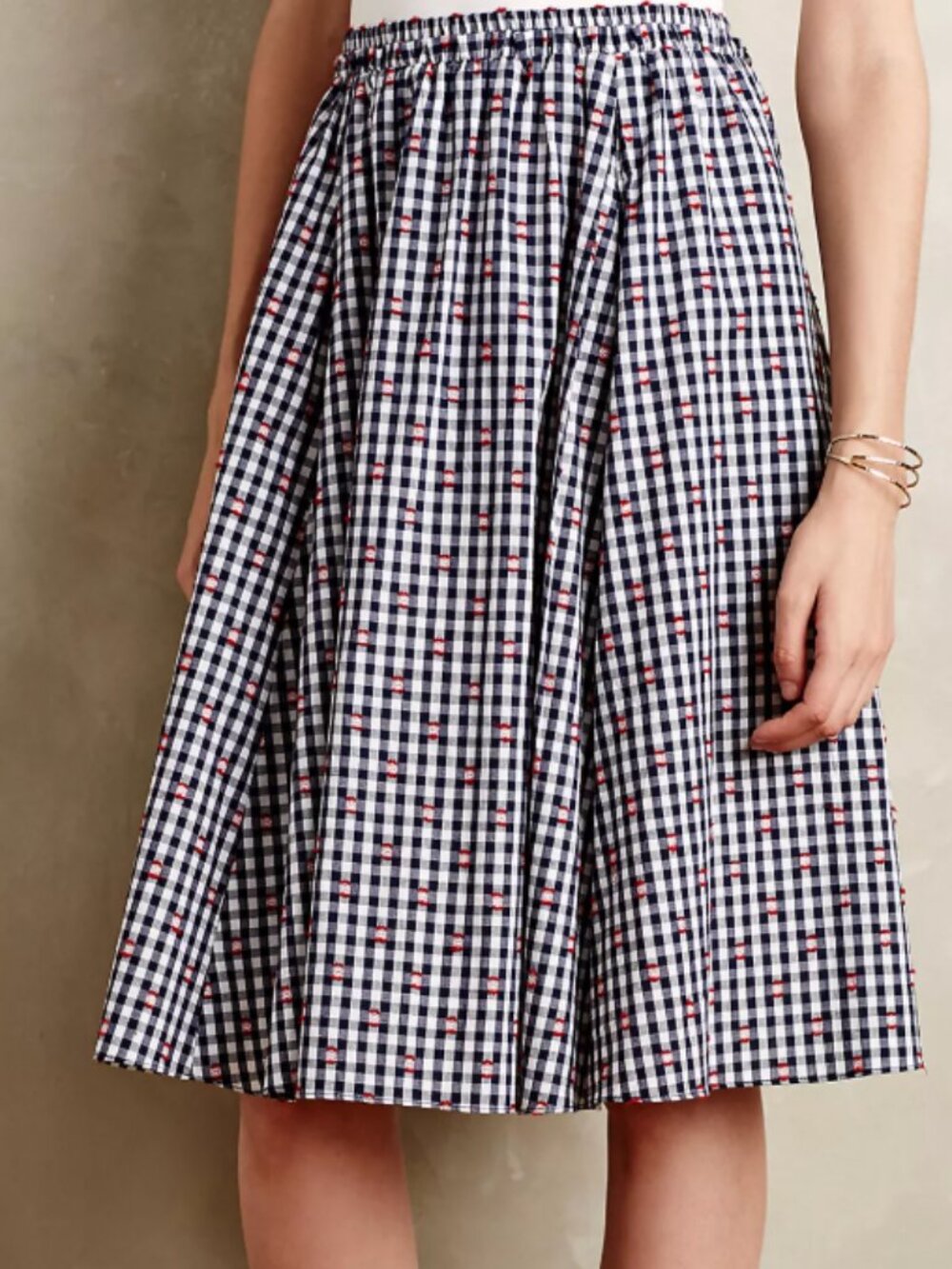 Maeve Gingham Market Skirt Blue White Red Embroidered A-Line Midi Size M